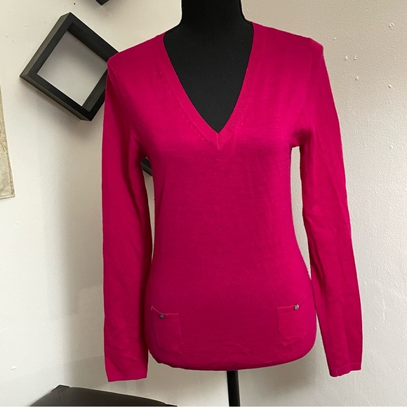 Massimo Dutti Pink Wool-Cashmere Front Pockets V-neck Back Keyhole Bow Sweater - Picture 2 of 13